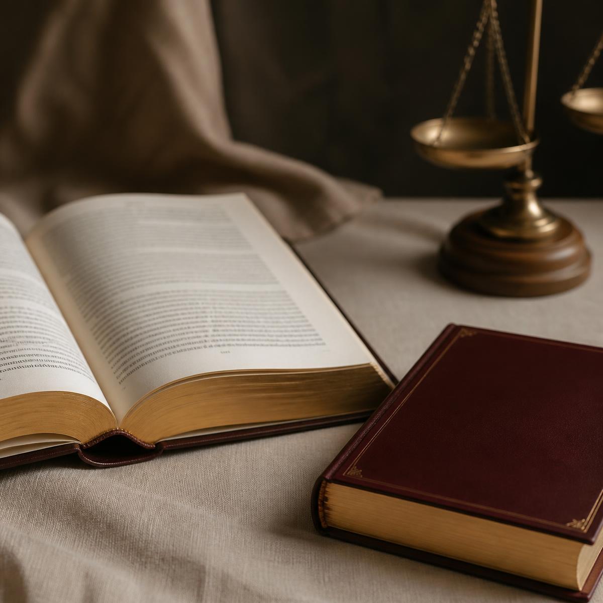 An open legal reference book beside a burgundy hardbound guide on ivory linen